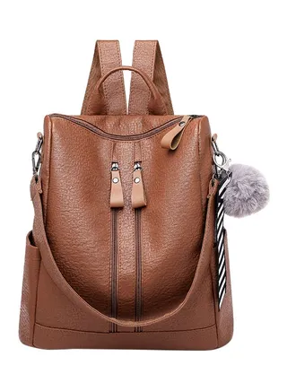 Zipper Closure Backpack Brown 