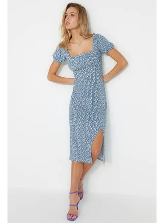 Navy Blue Printed Slit Detailed Fitted Square Neck Midi Knitted Dress TWOSS23EL00713 