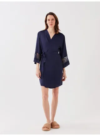 Shawl Collar Lace Detailed Long Sleeve Satin Women's Dressing Gown 
