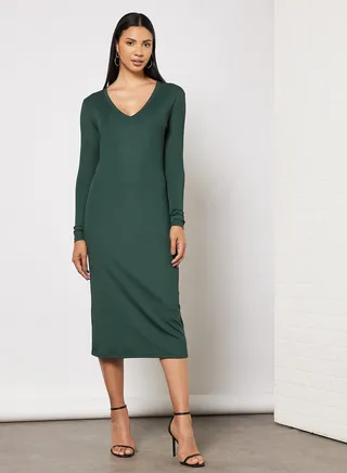 V-Neck Ribbed Dress Green 