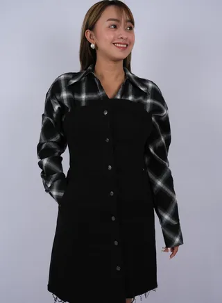 Women's Checked Button Down Mini Dress in Black & White Check 