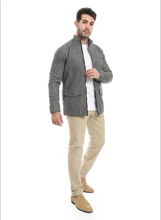 Fossil Heather Grey Zipped Jacket_Grey 