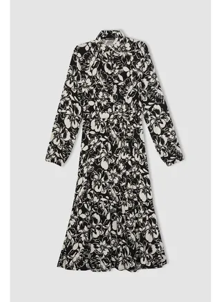 Woman Shirt Neck Long Sleeve Woven Dress 