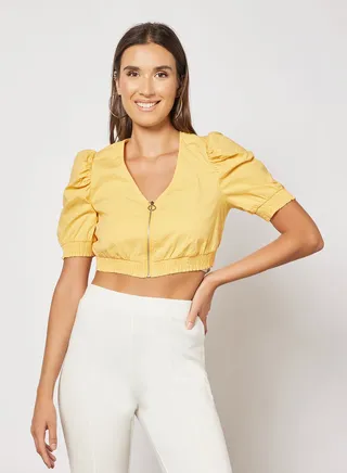 Front Zip Puff Sleeve Crop Top Honey 