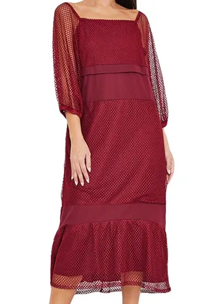 Panelled Mesh Square Neck Dress Maroon 
