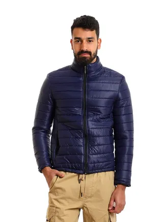 Zipper Full Sleeves Puffer Jacket - Navy Blue 