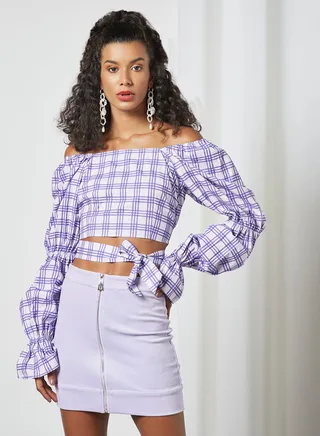Check Print Crop Top Purple 