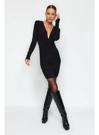Black Draped V-Neck Fitted/Slip-On, Flexible Mini Knit Dress TWOAW24EL00817 
