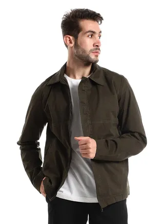 Long Sleeves Jacket With Classic Collar - Dark Olive 