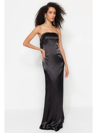 Black Body-fitting Woven Satin Long Evening Evening Dress TPRSS23AE00079 