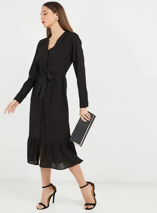 Tie Waist Long Sleeve Dress Black 