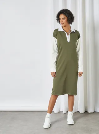 Colourblock Midi Dress Khaki 