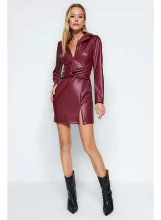 Claret Red Waist Detail Slit Faux Leather Woven Dress TWOAW22EL0554 