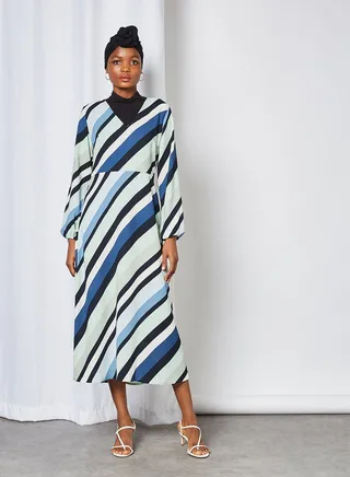 Diagonal Stripe V-Neck Dress Aqua Foam 