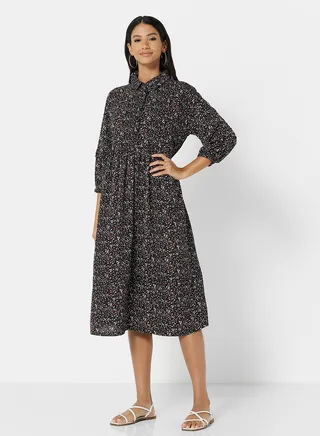 Printed Oversized Shirt Dress Black 