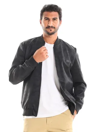 Zipper Closure Elastic Cuffs & Hem Full Black Suede Jacket 