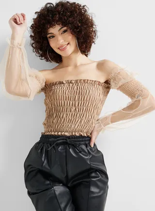 Shirred Detail Mesh Sleeve Top 