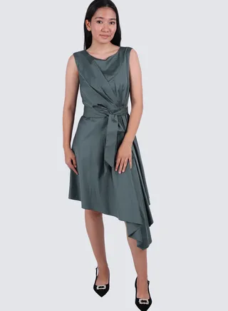 Women's Silk Midi Waist Band Dress in Balsam Green 
