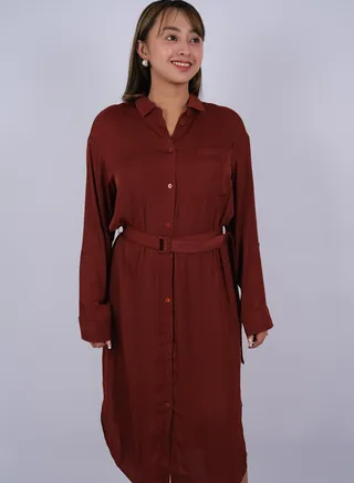Women’s Single Breast Pocket Button Down Dress in Russet Brown 