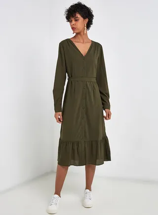 Tie Waist Long Sleeve Dress Grape Leaf 
