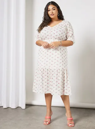 Plus Size Floral Print Dress Off White 