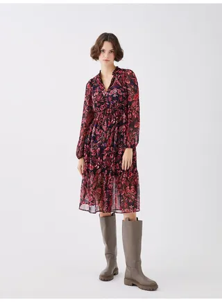 V Neck Patterned Long Sleeve Chiffon Women's Dress 