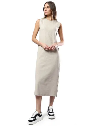 Self Ribbed Dark Beige Cotton Bodycon Dress 