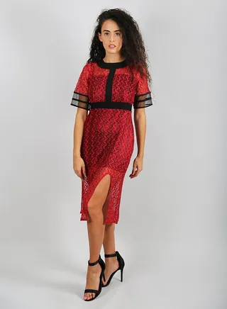 Round Neck Midi Dress Red/Black 