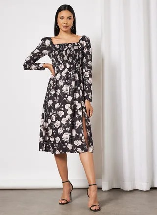 Front Slit Smock Dress Navy Flower 