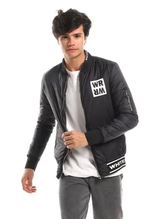 Branded Elastic Hem Waterproof With Manadin Collar Jacket - Black 