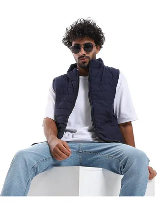 Sleeveless Zipper Closure Vest _ Navy Blue 