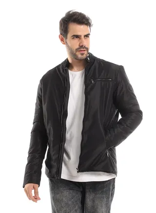 Casual Winter Fully Zipper Jacket With Band Neck - Black 