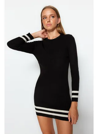 Brown Mini Sweater Dress With Striped Hem TWOAW20EL1274 