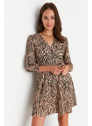 Brown Zebra Patterned Skater/Waist Open Double Breasted Neck Mini Elastic Knitted Dress TWOAW22EL0104 