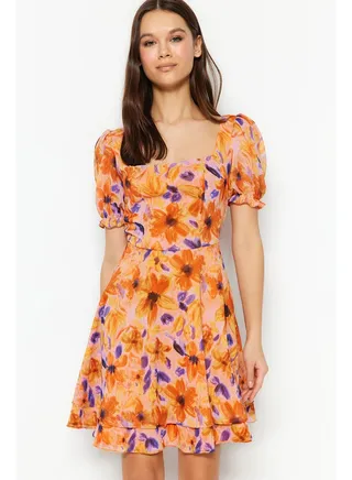 Orange Flounce Skater/Belt Opening Mini Lined Woven Dress TWOSS23EL01171 
