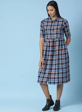 Casual Checkered Midi Dress Multicolour 