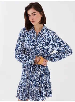 Shirt Neck Patterned Long Sleeve Women's Dress 