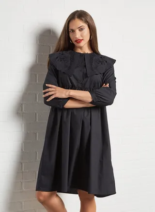 Cape Collar Gathered Dress Black 