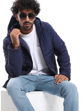 Long Sleeves Quilted Pattern Hoodie Neck Jacket _ Black 