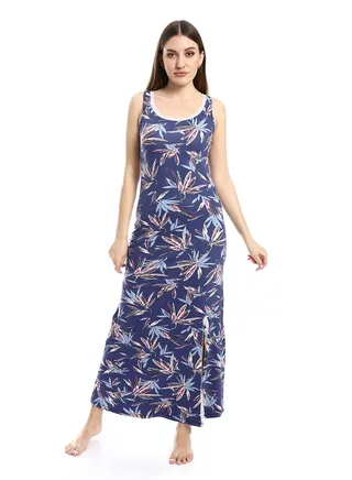 Patterned Sleeves Long Nightgown with Side Slit - Mauve 