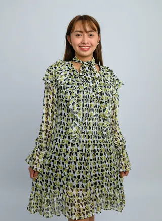 Women’s Tie-Up Neck Pull On Midi Length Dress in Yellow 