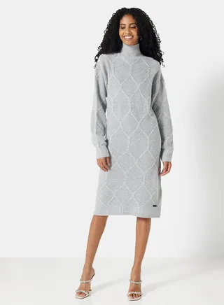 High Neck Knit Dress Medium Grey 