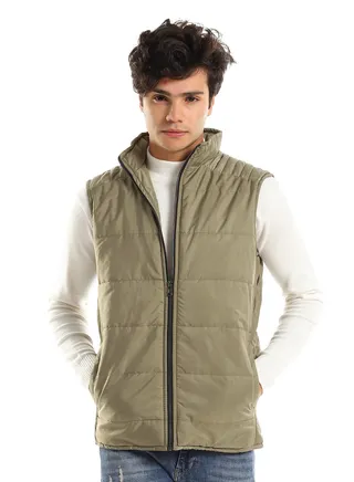 Side Pockets Quilted Light Olive Sleeveless Vest 