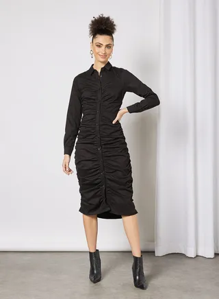 Ruched Button Down Dress Black 