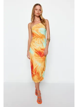 Limited Edition Orange Printed Fitted Midi One Shoulder Stretch Knitted Dress TWOSS23EL01577 