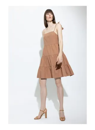 Woman Tiered Square Neck Short Sleeve Woven Dress 