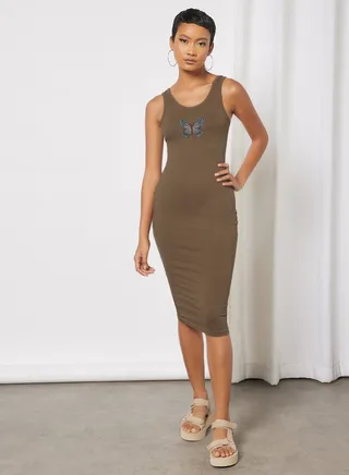 Butterfly Embroidered Sleeveless Dress Brown 