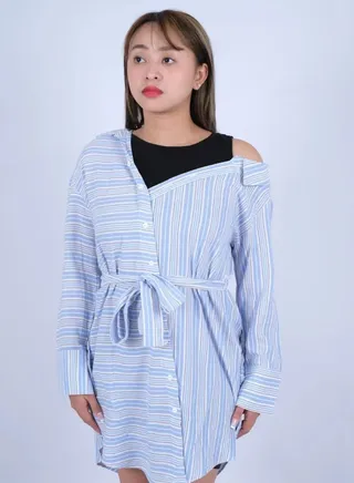 Women’s Deep V Neck Dress in Blue Stripe AOP 