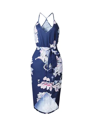 Floral Print V-Neck Midi Dress Navy/White 