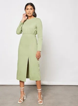 Adrift Front Slit Midi Dress Green 